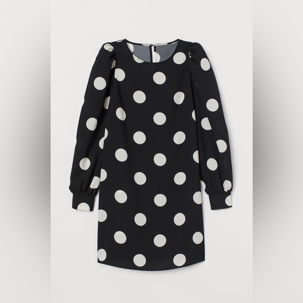H&M Polka Dot Puff Sleeve Dress Black White Crêpe Mini Size L Twee Preppy